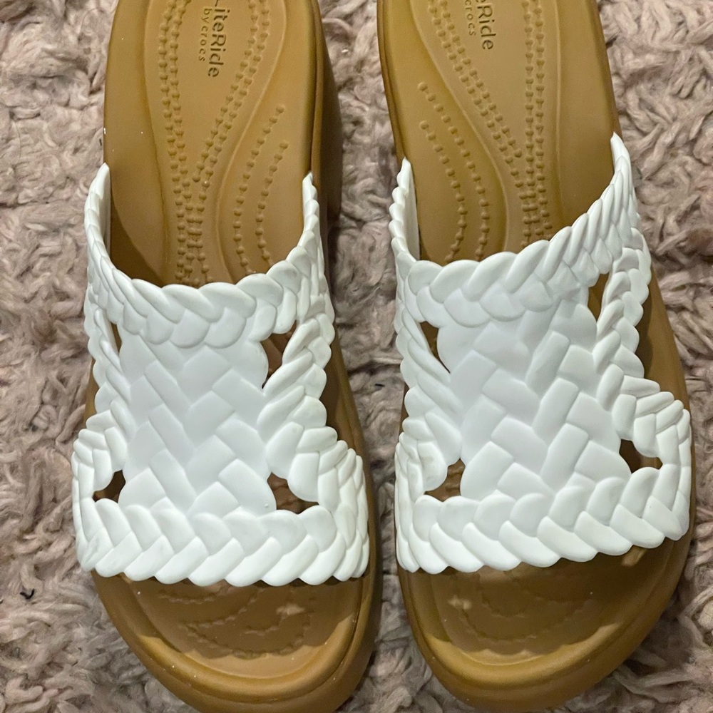 CROCS By Life Stride White Uppers & Tan  Wedge Slip-On Womens Sandals